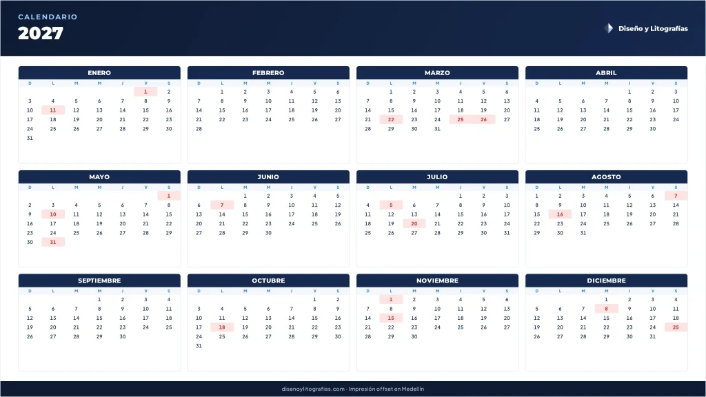 Calendario 2027 horizontal para tarjetas de presentación