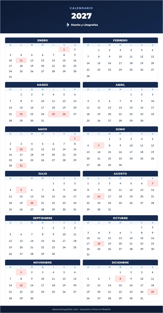 Calendario 2027 tarjetas verticales